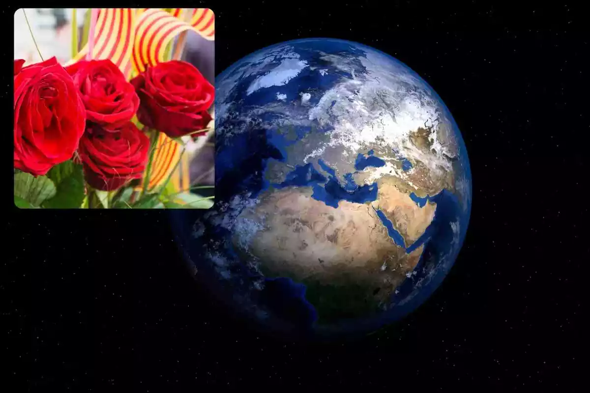 Fotomontaje de las rosas de Sant Jordi sobre una imagen de la Tierra