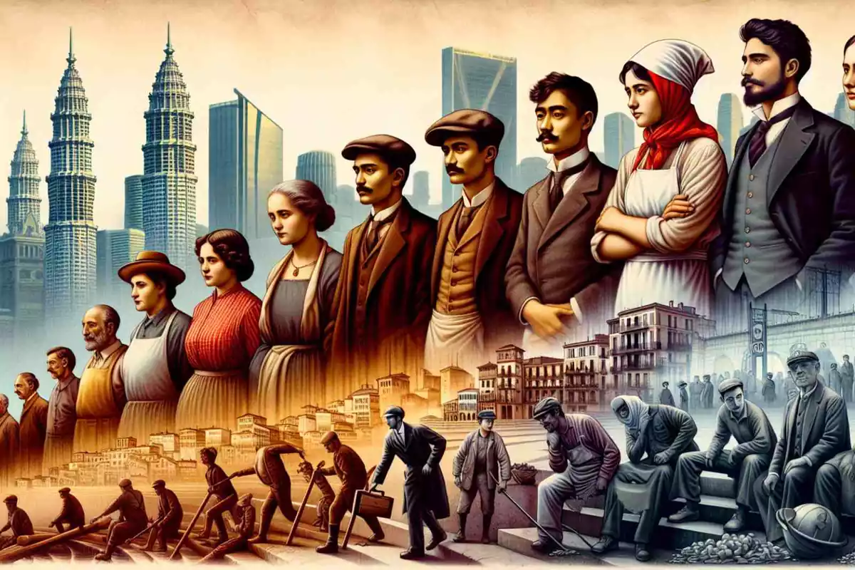 Imagen creada por IA sobre la historia de los sindicatos en España