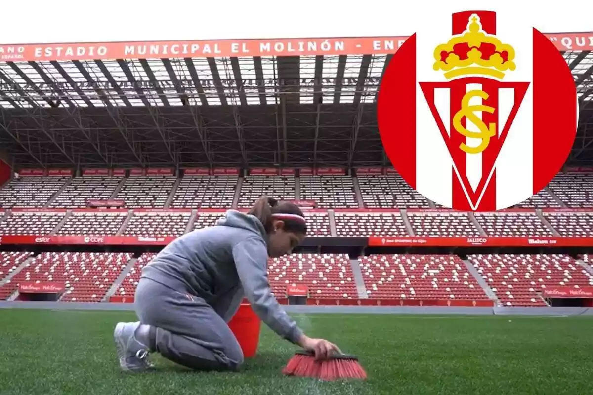 Niña limpiando el suelo con el escudo del Sporting de Gijón
