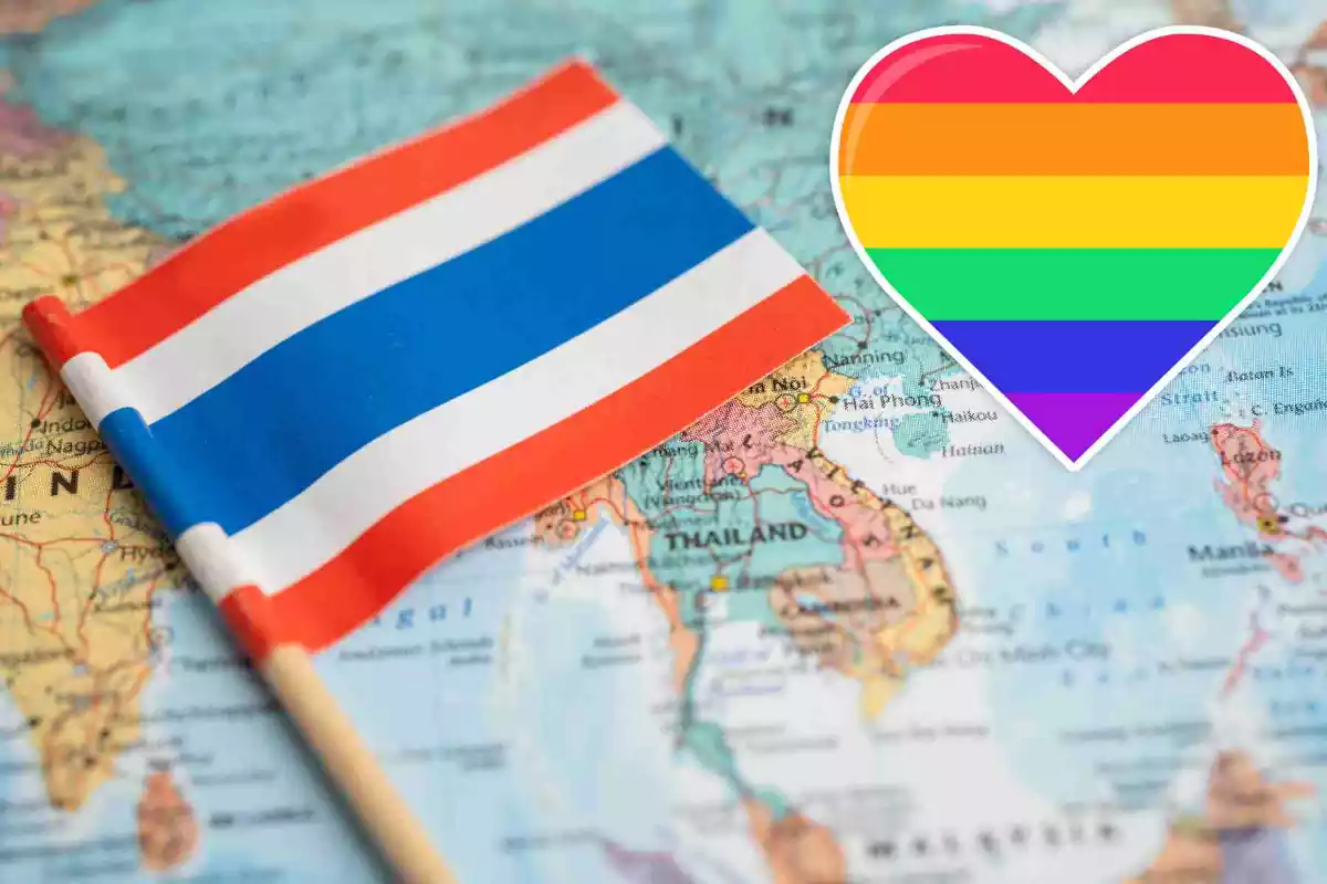 Un mapa de Asia con una bandera de Tailandia y un corazón LGTB