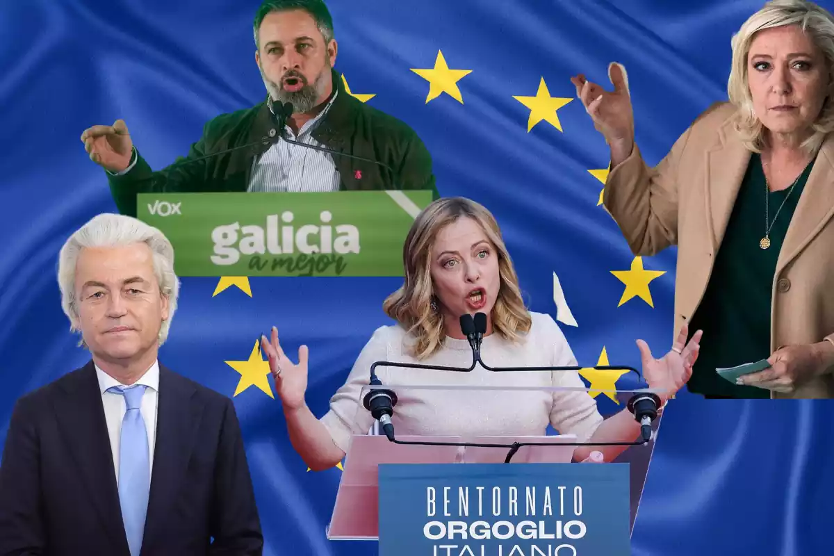 Gert Wilders, Santiago Abascal, Giorgia Meloni y Marine Le Pen en un fotomontaje con la bandera de Europa de fondo