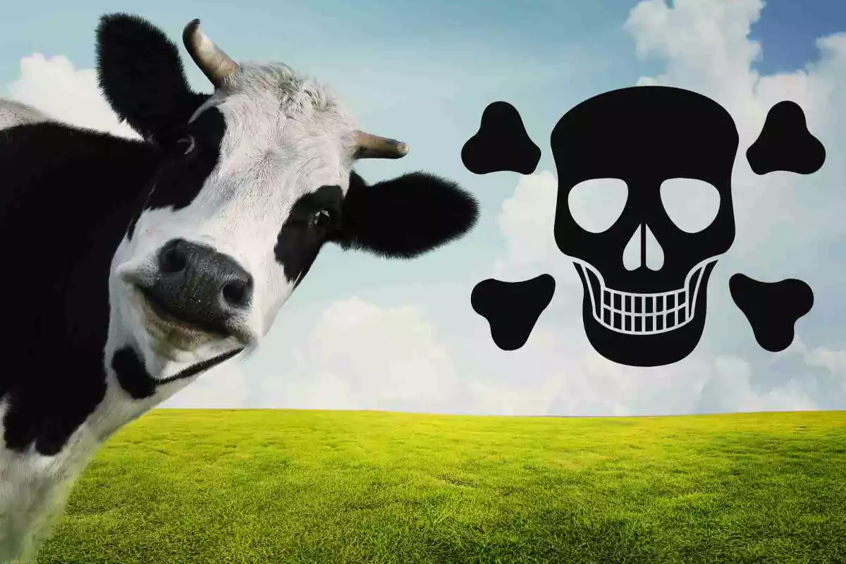 Una vaca con un símbolo de muerte