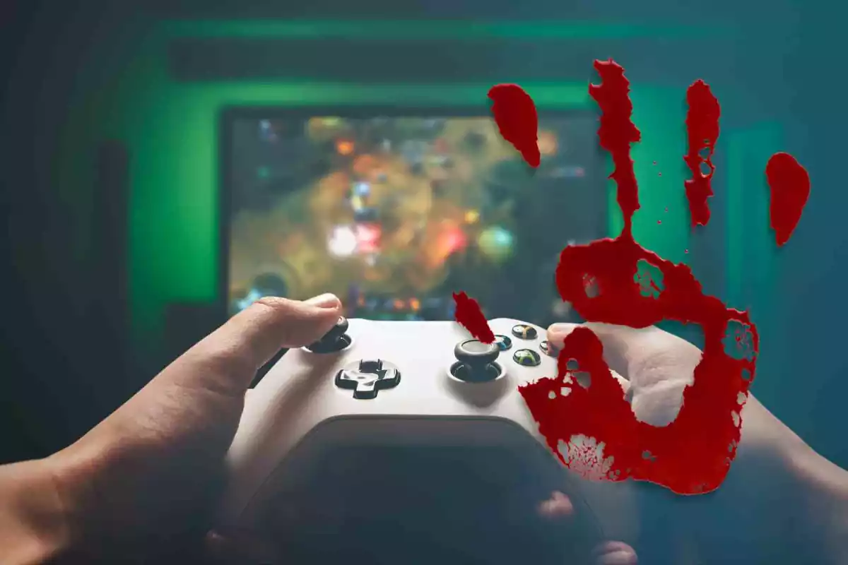 Un joven juega a un videojuego con una huella de sangre sobreimpresionada