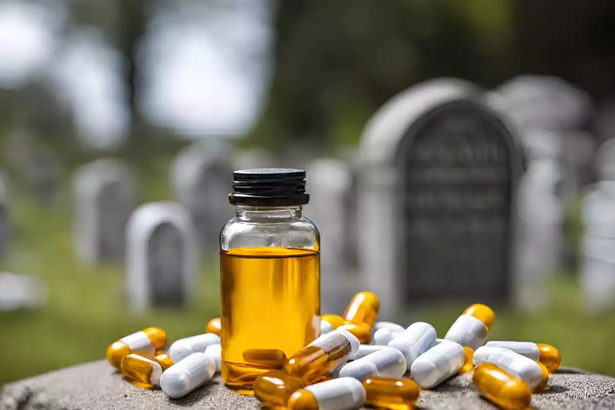 Un bote con pastillas de Vitamina D en un cementerio